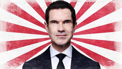 Jimmy Carr's face over a red and white striped background