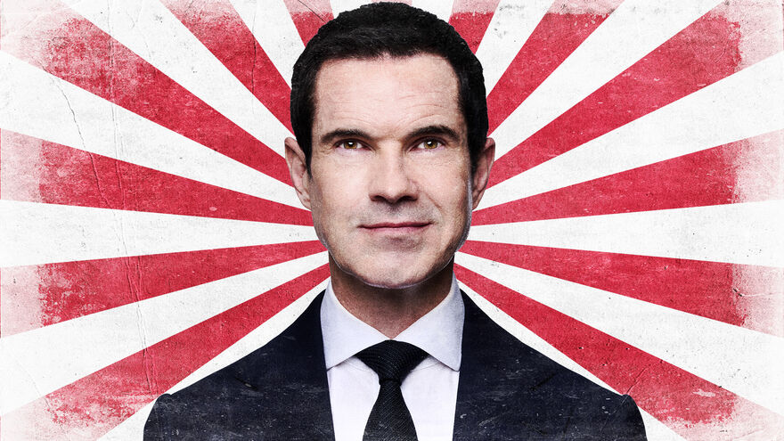 Jimmy Carr's face over a red and white striped background