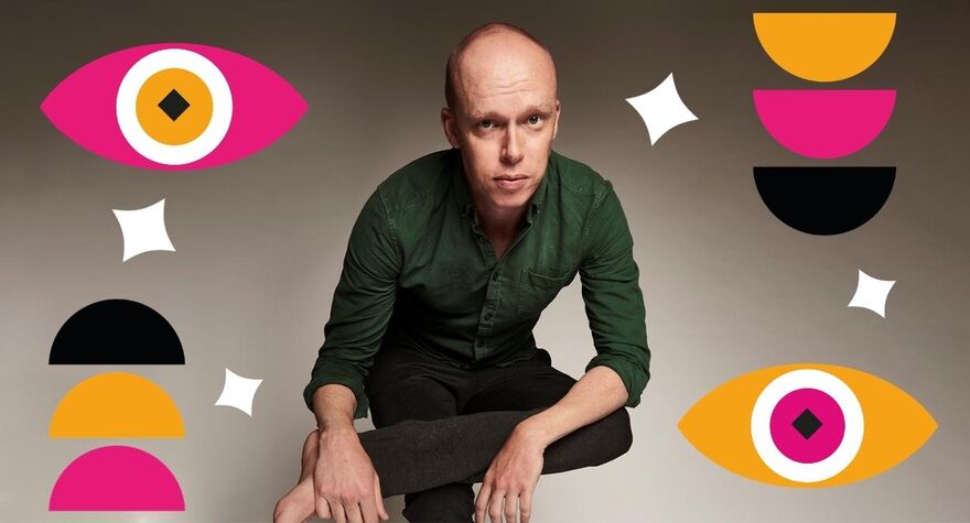 Jordan Brooks kneeling, he is surrounded by black, yellow and pink semi circles and white stars