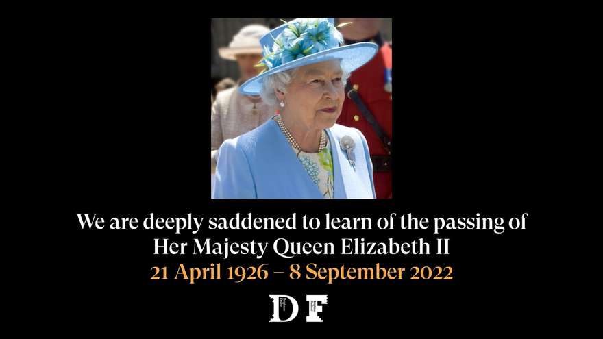 An image of Her Majesty Queen Elizabeth II on a black background. Text reads 