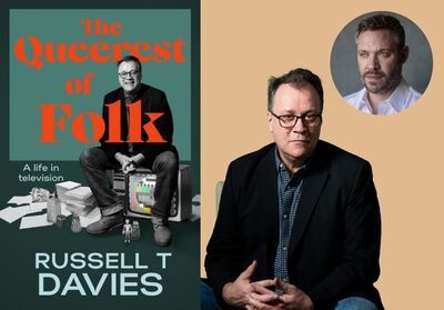 Composite image featuring the cover of The Queerest Folk: A Life in Television by Russell T Davies on the left, and a portrait of Davies seated in a black blazer and blue checked shirt on the right, with a smaller circular portrait of a man inset above him.