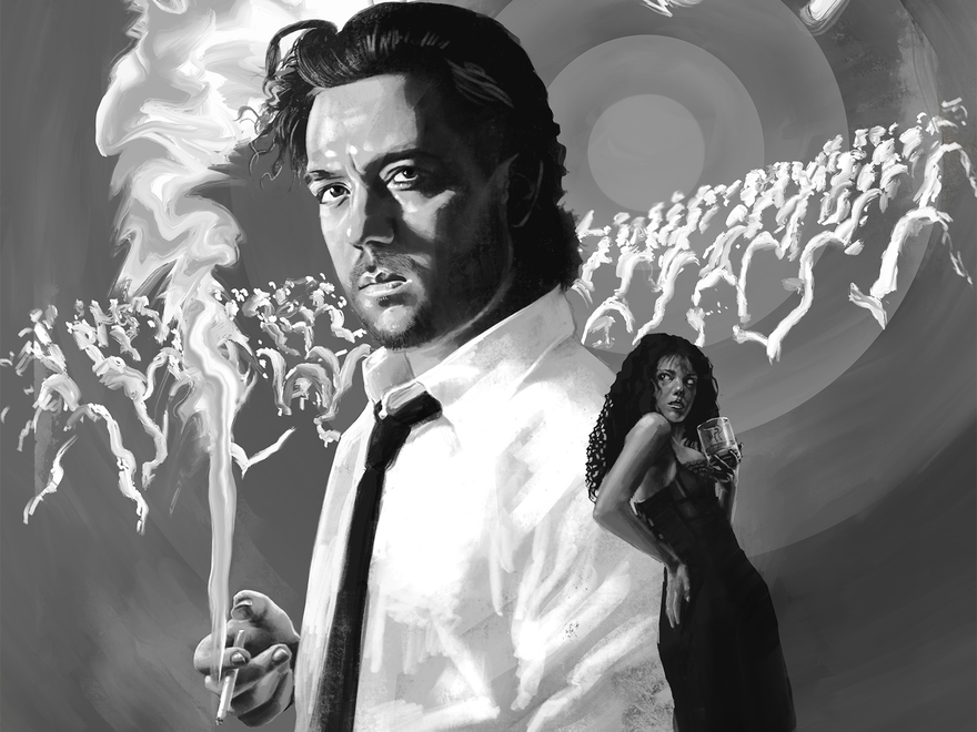 A black and white illustration picture of a man with brown hair wearing a shirt and black tie and smoking a cigarette. Next to him is a woman in a black dress holding a glass with her hand on her him.