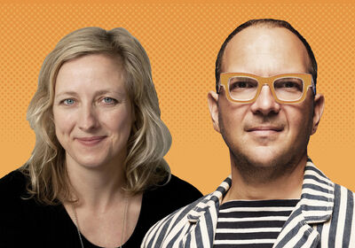 Headshots of a woman with blonde hair and a man which orange glasses. They are in front of a yellow background