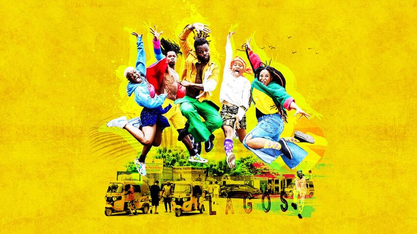 Five Nigerian dancers wearing colourful streetwear jump with the city of lagos in the background