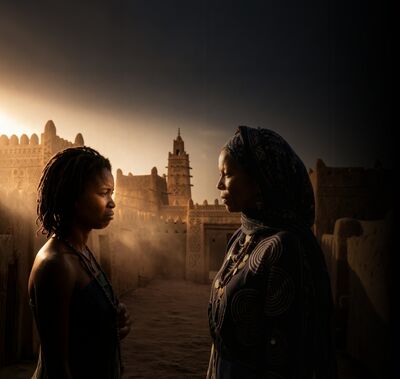 Two women from opposing social classes stand face to face in warm golden light, set against a desert town with mud-brick architecture and a tall tower behind them