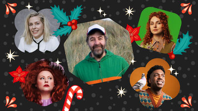 Haedshot images of 5 comedians on a christmassy background