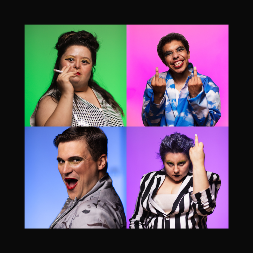 4 x performers in different coloured boxes. green, pink, blue and purple. Each are doing various poses such as holding a cigarette and holding 2 x middle fingers up and 