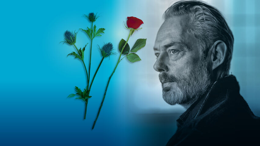 A man facing some red roses over a blue gradient background