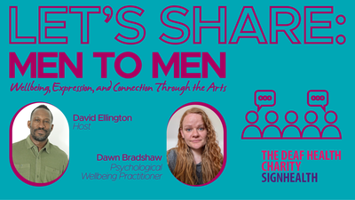 A composite image featuring two people. Text on the image reads Let's Share: Men to Men