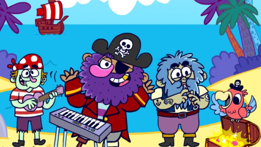 Three cartoon pirates on a beach playing instruments