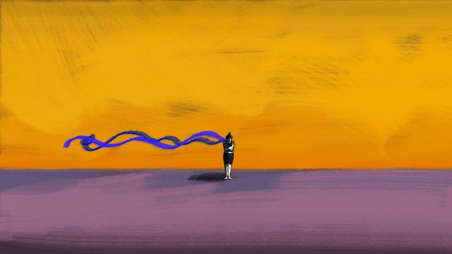 An illustration that looks like paint. An orange sky and a purple ground with a figure in the centre. The figure has a purply-blue scarf that has been caught by the wind