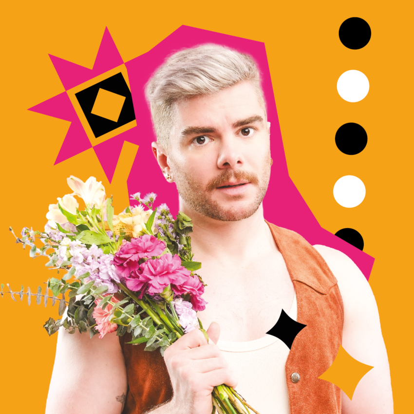Christopher Hall holding a bouquet of flowers the background is a brightly coloured graphic design