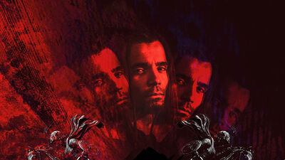 Akala looking at the camera. The image is treated with a red filter and Akala's face has been duplicated