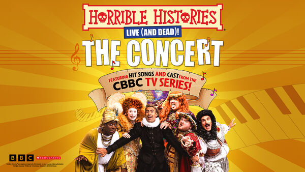 The cast of the Horrible Histories TV show pulling excited facial expressions beneath the text 'Horrible Histories Live And Dead The Concert'