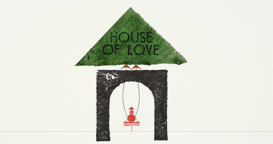 Minimalist illustration of a green triangular roof with the words ‘House of Love,’ above a dark archway framing a small red figure sitting on a swing
