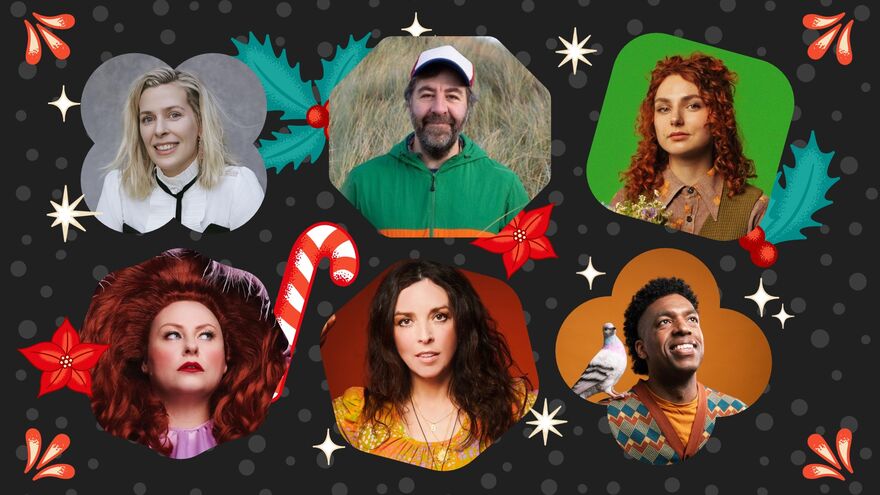 Pictures of 6 comedians' faces in different shapes with christmas graphics around them