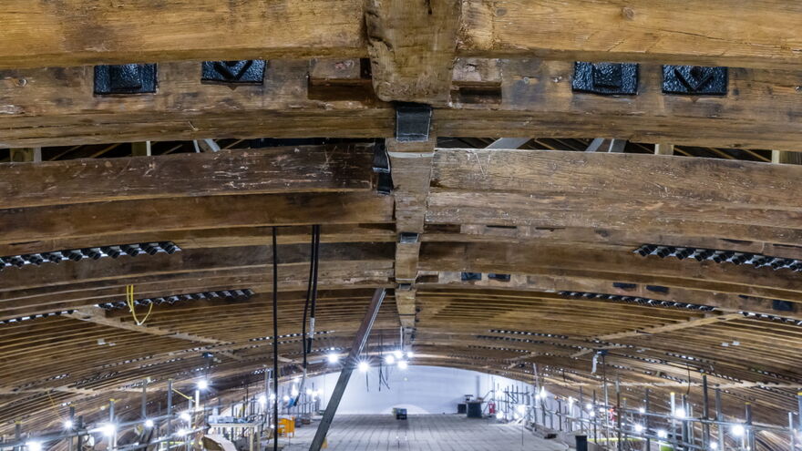 Photograph of the Corn Exchange timber roof revealed during refurbishment works