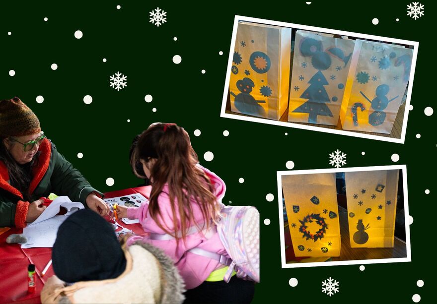 People crafting on a table. Next to this image is another image of handmade shadow lanterns with festive shapes. Both images sit above a green background with white snowflakes